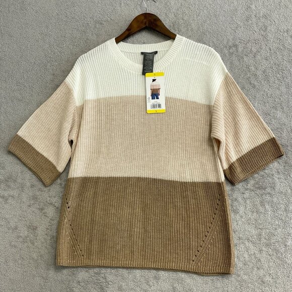 NEW Matty M Women's S Colorblock Knit Sweater Beige & White Short Sleeve - Picture 4 of 9